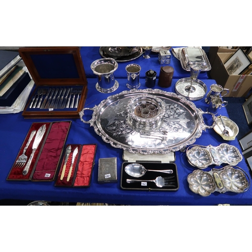 390 - A collection of EPNS including a large twin-handled serving tray, of oval form, with engraved foliat... 