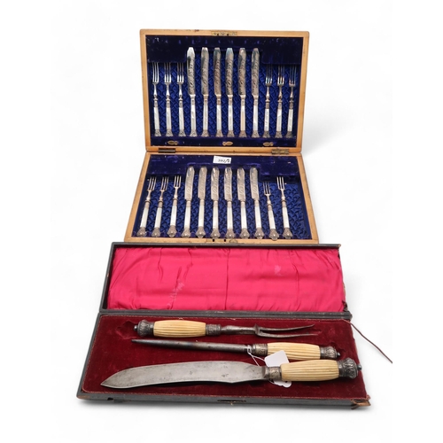 392 - A cased set of EPNS mother of pearl fruit knives and forks, the tapering cylindrical handles with sh... 