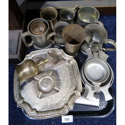 395 - A collection of mainly pewter tankards, quaichs, an EPNS salver and ashtrays etc