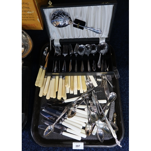 397 - EPNS cutlery including a cased breakfast set, ivorine handled cutlery etc