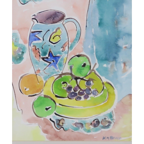 901 - CONTEMPORARY SCOTTISH SCHOOL  STILL LIFE WITH BLUE JUG Watercolour, signed lower right 'K.M. Bruce',... 