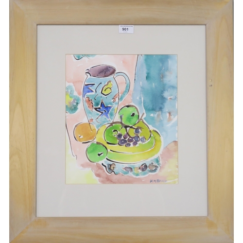 901 - CONTEMPORARY SCOTTISH SCHOOL  STILL LIFE WITH BLUE JUG Watercolour, signed lower right 'K.M. Bruce',... 