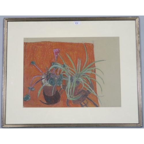 912 - SCOTTISH CONTEMPORARY SCHOOL STILL LIFE WITH HOUSEPLANTS   Pastel on paper, sign... 