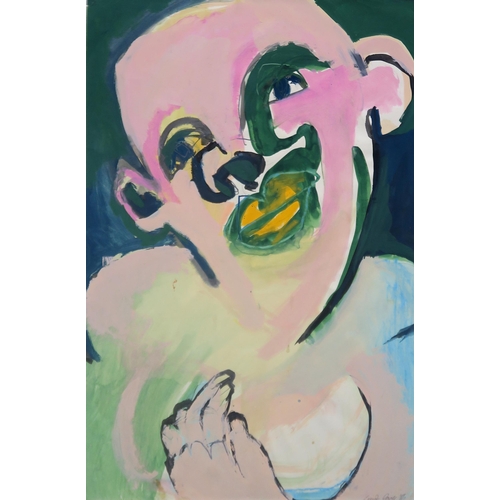 913 - LINDA JOCK (CONTEMPORARY SCHOOL) PORTRAIT IN GREEN  Acrylic on paper, signed lower ri... 