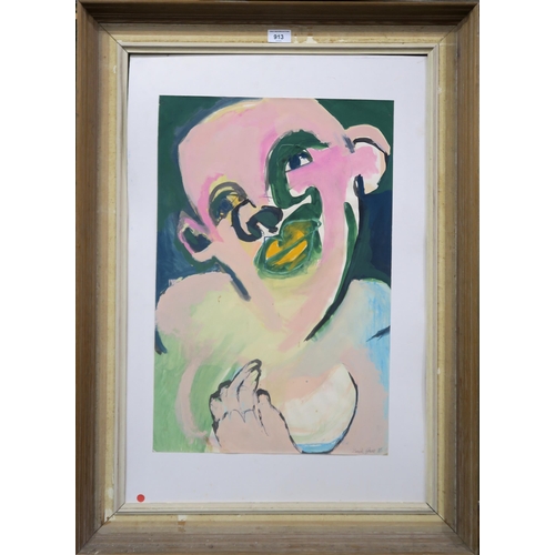 913 - LINDA JOCK (CONTEMPORARY SCHOOL) PORTRAIT IN GREEN  Acrylic on paper, signed lower ri... 