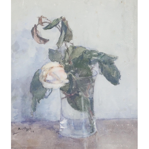 938 - 20th CENTURY SCHOOL STILL LIFE WITH ROSE Watercolour, signed lower left, dated 1914, 30 x ... 