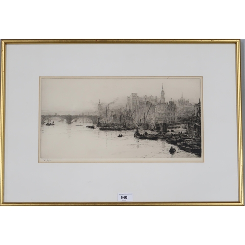 940 - WILLIAM LIONEL WYLLIE RA RE RI (ENGLISH 1851-1931) LONDON BRIDGE AND ADELAIDE BUILDINGS Et... 