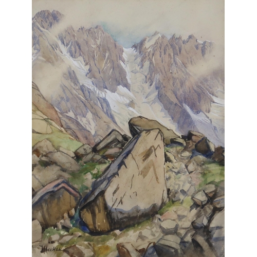 947 - HILDA MARION HECHLE (BRITISH 1886-1939) ALPINE PEAKS Watercolour, signed lower left, 37 x ... 