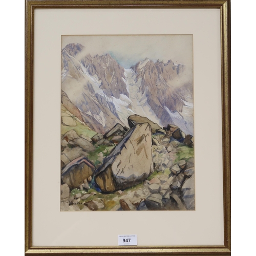 947 - HILDA MARION HECHLE (BRITISH 1886-1939) ALPINE PEAKS Watercolour, signed lower left, 37 x ... 