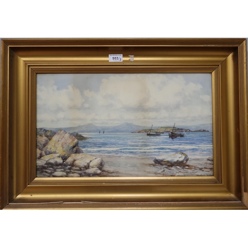 953 - PETER MACGREGOR WILSON RSW (SCOTTISH 1856-1928) LOCH SCENE WITH BOATS Watercolour, signed lower righ... 