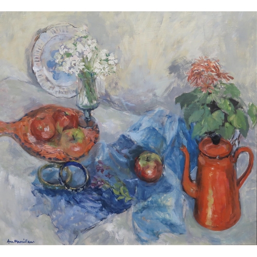 955 - ANN MACMILLAN (BRITISH 20th CENTURY) STILL LIFE WITH RED TEAPOT Oil on board, signed lower left, 55 ... 