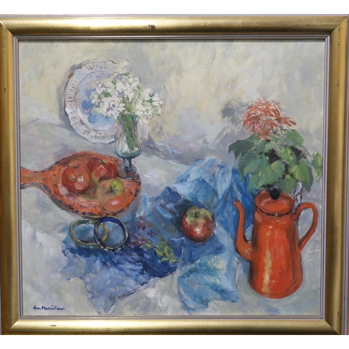 955 - ANN MACMILLAN (BRITISH 20th CENTURY) STILL LIFE WITH RED TEAPOT Oil on board, signed lower left, 55 ... 