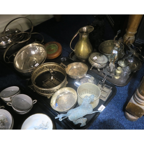 219 - Assorted metalware including EPNS dish covers, brass jug, spelter maiden etc