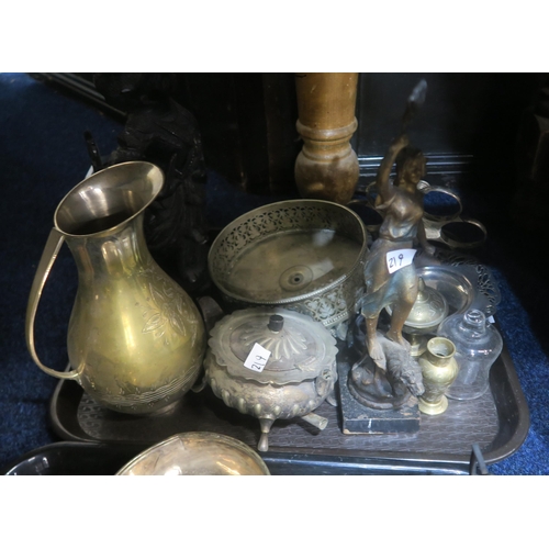 219 - Assorted metalware including EPNS dish covers, brass jug, spelter maiden etc