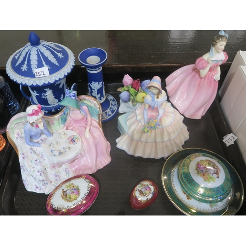 252 - Four Royal Doulton figures including Tea for Two and Daydreams, Wedgwood candlestick and urn, Hummel... 