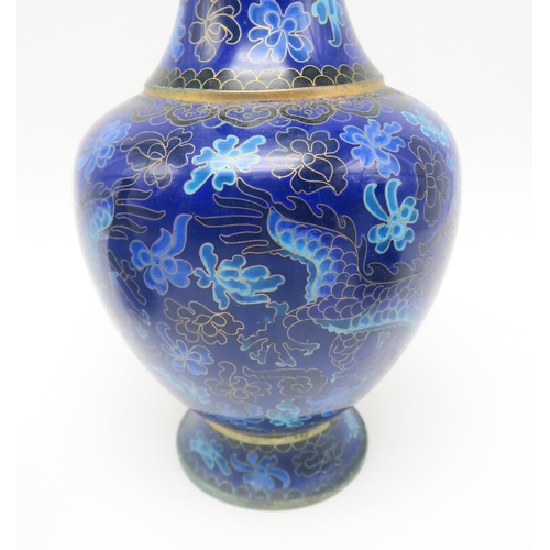 263 - A pair of blue cloisonne bottle vases and another vase decorated with a dragon