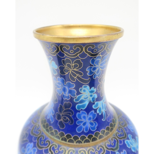 263 - A pair of blue cloisonne bottle vases and another vase decorated with a dragon