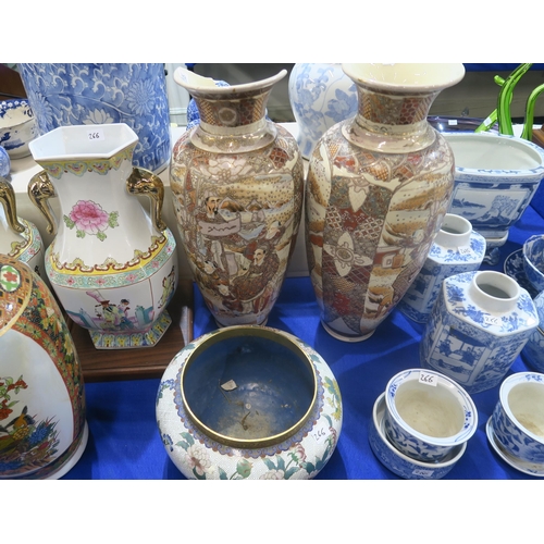 266 - A cloisonne jardinière, two pairs of vases, another vase and assorted blue and white pottery ... 