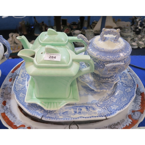 284 - Three Scottish pottery soup tureens, including a J & M P Bell Italian Lakes pattern, three charg... 