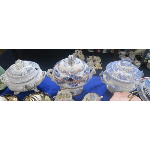 284 - Three Scottish pottery soup tureens, including a J & M P Bell Italian Lakes pattern, three charg... 