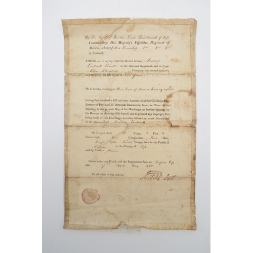 500 - A Georgian Fifeshire Regiment of Militia discharge certificate, signed by the Earl of Morton, Lord L... 