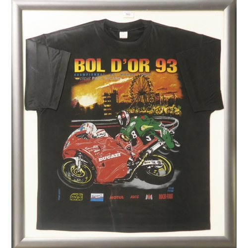 502 - A framed Bol d'Or 93 motorcycle racing T-shirt, size XL, the glazed frame measuring approx. 93cm x 8... 