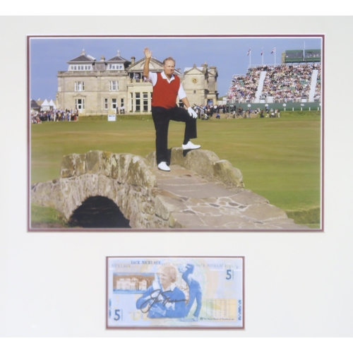 507 - Jack Nicklaus - a signed Royal Bank of Scotland £5 note, presented in a gilt frame alongside a... 