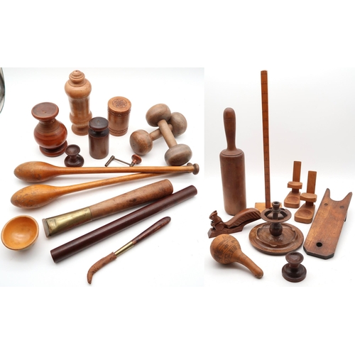 517 - A collection of treen, to include a substantial masher, two gilder's agate burnishers, a pair of Ind... 