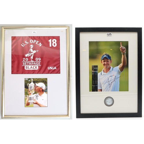 525 - Golf - a US Open 18th hole pin flag signed by Lucas Glover, framed under glass above a photograph of... 