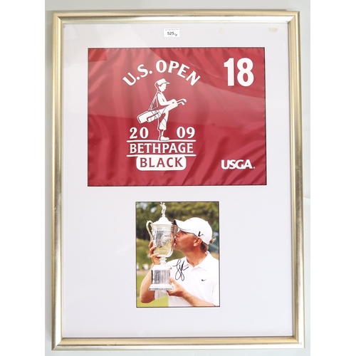 525 - Golf - a US Open 18th hole pin flag signed by Lucas Glover, framed under glass above a photograph of... 