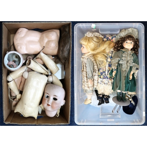 532 - Assorted articulated doll body parts, including an Armand Marseille no. 390 porcelain head; together... 