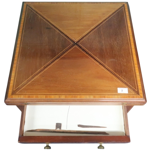 2 - An early 20th century mahogany lined inlay envelope card table with single drawer on square tapering... 