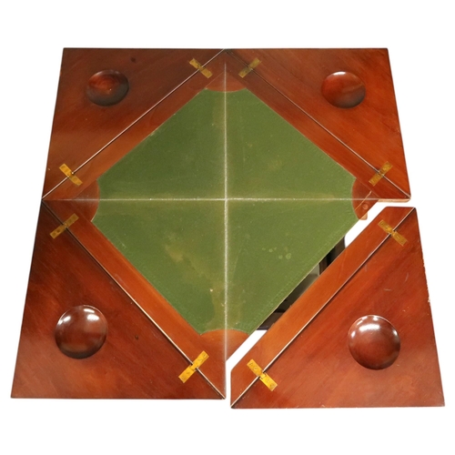 2 - An early 20th century mahogany lined inlay envelope card table with single drawer on square tapering... 