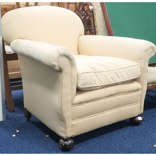 23 - A 20th century upholstered scroll armed club armchair, 81cm high x 86cm wide x 83cm deep