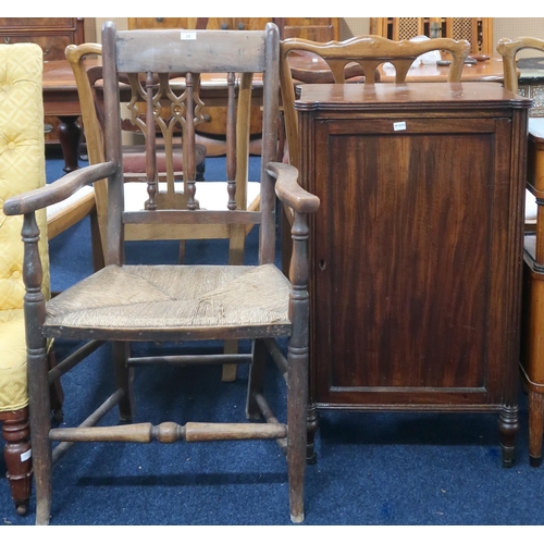 25 - A lot comprising a 19th century ash framed rushed seat armchair and a 19th century mahogany single d... 