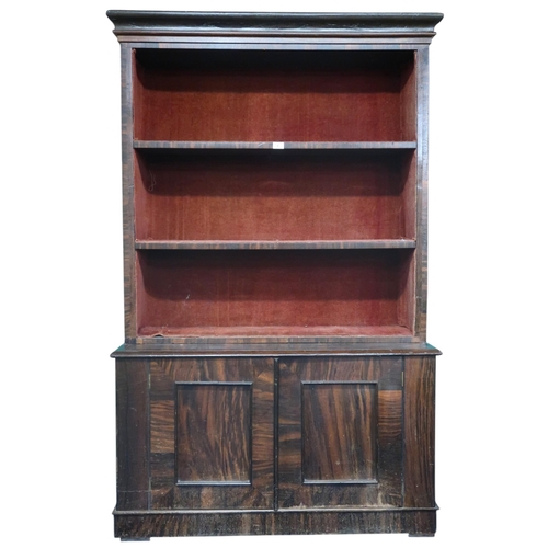 3 - A late 19th century rosewood veneered open bookcase with cornice over three open shelves on base wit... 