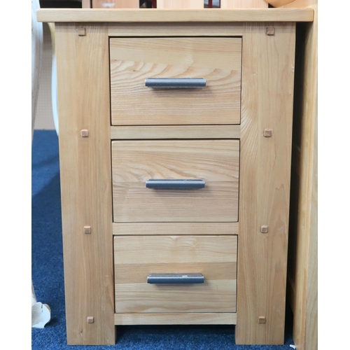 36 - A contemporary white ash three drawer bedside cabinet with metallic drawer pulls, 68cm high x 50cm w... 