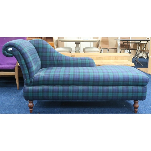 43 - A 20th century plaid upholstered chaise longue on turned supports, 84cm high x 163cm long x 62cm dee... 