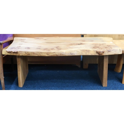 47 - A contemporary burr elm live edge coffee table with resin infilled top on trestle supports, 44cm hig... 