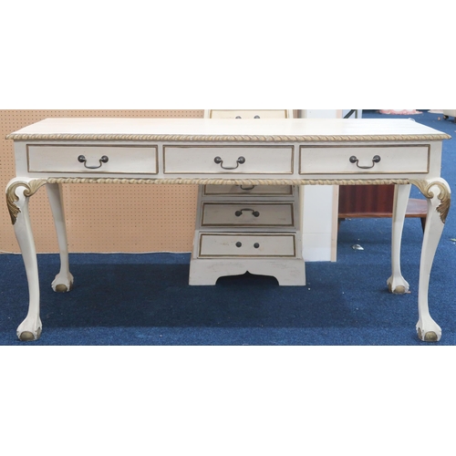 50 - A contemporary Louis XVI style white painted console table with gadrooned edged top over three drawe... 