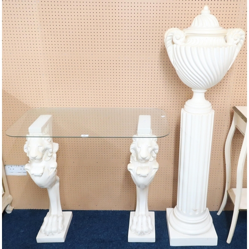 52 - A lot comprising a contemporary white ceramic urn on reeded pedestal stand, 148cm high and a glass t... 