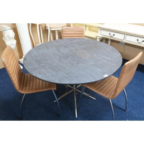 53 - A lot comprising a contemporary circular slate topped metallic based conservatory table, 74cm high x... 