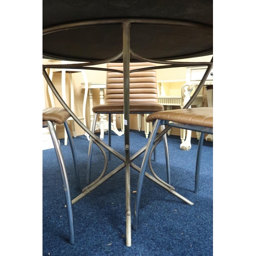 53 - A lot comprising a contemporary circular slate topped metallic based conservatory table, 74cm high x... 