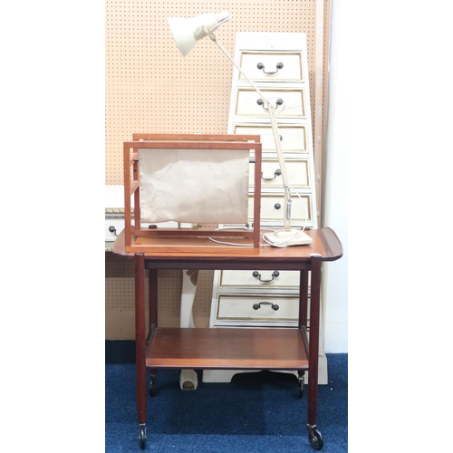 57 - A lot comprising a mid 20th century teak two tier drinks trolley with removable tray top, teak and b... 