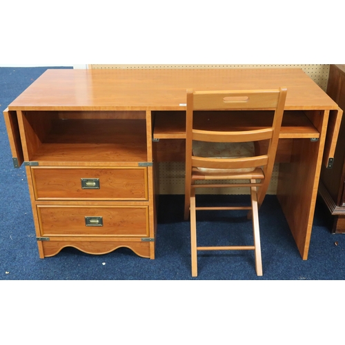 63 - A contemporary stained teak campaign style desk with drop ends over open compartment and drawers alo... 