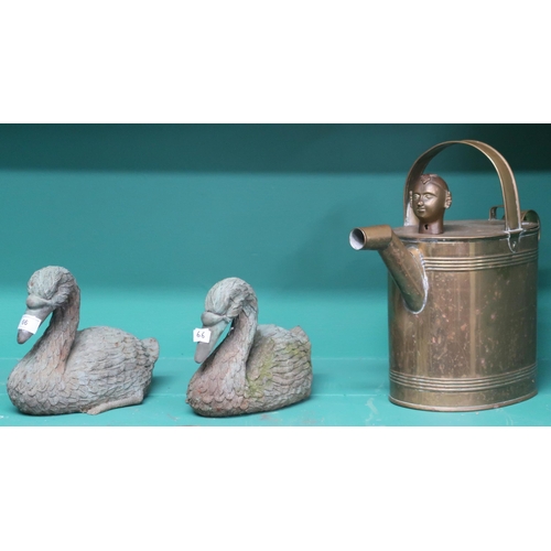 66 - A lot of two contemporary bronze garden  ducks, approximately 20cm high and an Edwardian brass water... 