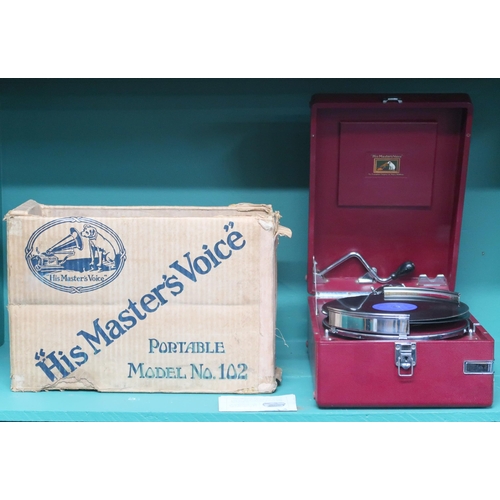 71 - An early 20th century HMV (His masters voice) model 102 red vinyl cased portable gramophone in origi... 