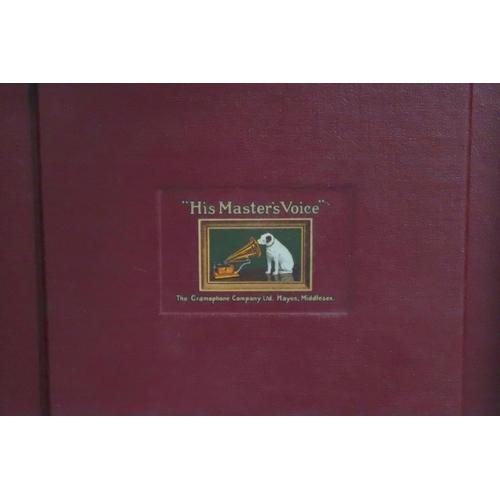 71 - An early 20th century HMV (His masters voice) model 102 red vinyl cased portable gramophone in origi... 