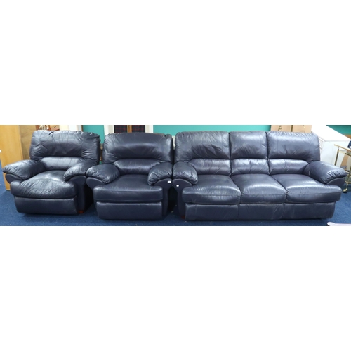 76 - A modern black vinyl upholstered three piece suite comprising three seater sofa and pair of recliner... 