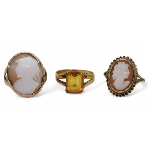 707 - Two 9ct gold cameo rings both approx size N, and a 9ct gold ring set with a glass gem, size O, weigh... 